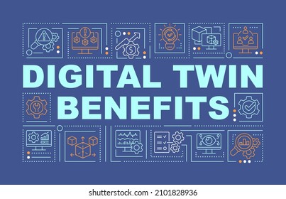 Digital twin advantages word concepts blue banner. Smart industry. Infographics with linear icons on background. Isolated typography. Vector outline color illustration with text. Arial-Black font used