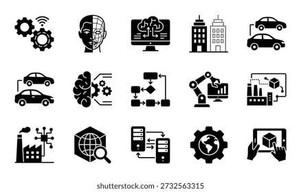 Digital twin ai simulation system, twin iot data, weather model, process simulation and interactive model concepts design icons.