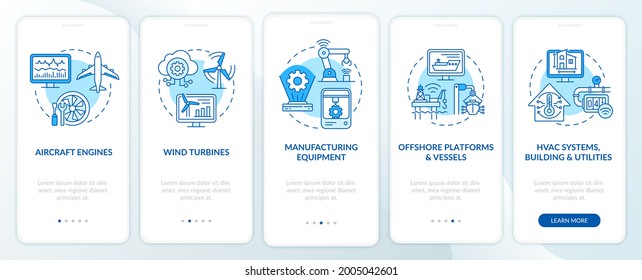 Digital twin application onboarding mobile app page screen. Wind turbines walkthrough 5 steps graphic instructions with concepts. UI, UX, GUI vector template with linear color illustrations