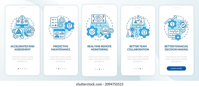 Digital twin benefits blue onboarding mobile app screen. Remote monitor walkthrough 5 steps graphic instructions pages with linear concepts. UI, UX, GUI template. Myriad Pro-Bold, Regular fonts used