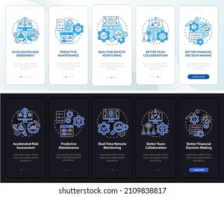 Digital twin benefits night and day mode onboarding mobile app screen. Walkthrough 5 steps graphic instructions pages with linear concepts. UI, UX, GUI template. Myriad Pro-Bold, Regular fonts used