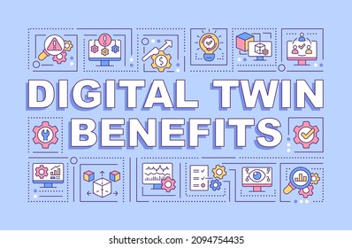 Digital twin benefits word concepts purple banner. Smart industry. Infographics with linear icons on background. Isolated typography. Vector outline color illustration with text. Arial-Black font used