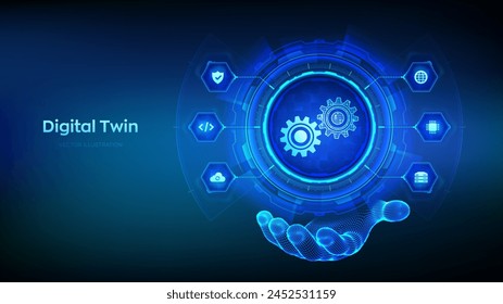 Digital twin business and industrial process modelling technology concept on virtual screen. Innovation and optimisation. Digital twin icon in wireframe hand. Vector illustration.