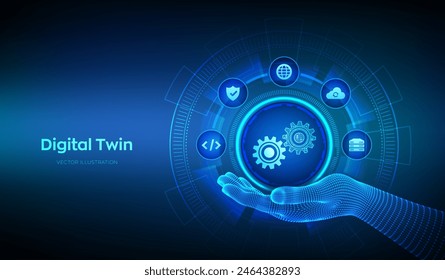 Digital twin business and industrial process modelling technology concept on virtual screen. Innovation and optimisation. Digital twin icon in wireframe hand. Vector illustration.
