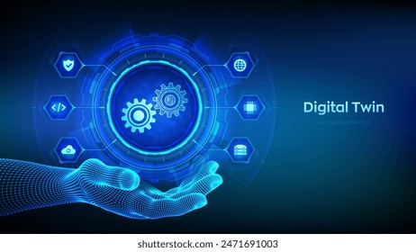 Concepto de tecnología de modelado de procesos industriales y negocios gemelos digitales en pantalla virtual. Innovación y optimización. Icono de gemelo digital en la mano del alambre. Ilustración vectorial.