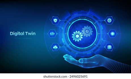 Digital twin business and industrial process modelling technology concept on virtual screen. Innovation and optimisation. Digital twin icon in wireframe hand. Vector illustration.