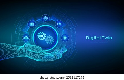 Concepto de tecnología de modelado de procesos industriales y negocios gemelos digitales en pantalla virtual. Innovación y optimización. Icono gemelo digital en mano de alambre. Ilustración vectorial.