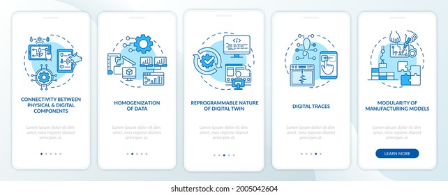 Digital twin characteristics onboarding mobile app page screen. Automation walkthrough 5 steps graphic instructions with concepts. UI, UX, GUI vector template with linear color illustrations