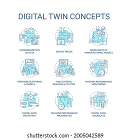 Digital twin concept icons set. Digital twin characteristics. Smart computers. Automation equipment idea thin line color illustrations. Vector isolated outline drawings. Editable stroke