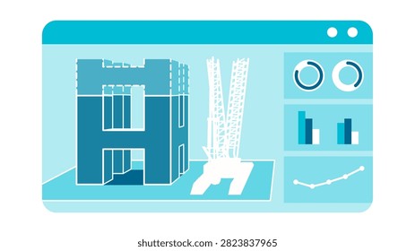 Digital twin construction site 3D polygon replica on browser with crane model, structural simulation, and data analytics graphs for smart building management