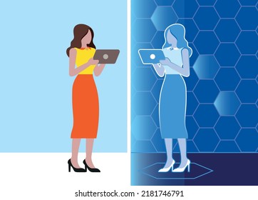 Digital Twin in cyberspace, woman's Avatar with tablet connected with digital alter ego in metaverse concept, digital reputation in internet