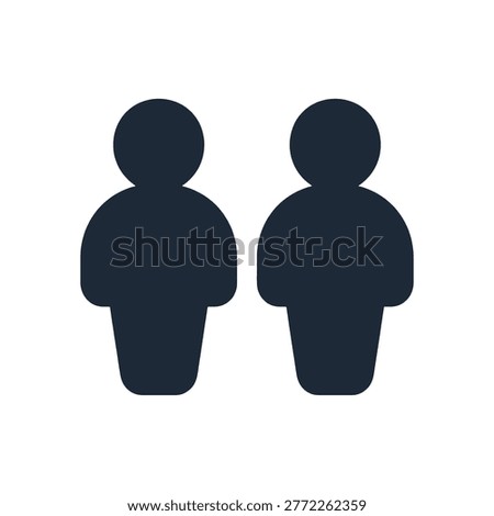 Digital twin glyph icon featuring two identical dark navy human silhouettes side by side representing virtual replica simulation paired user profile team collaboration and digital twin technology concept
