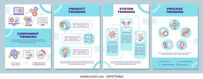 Digital twin levels turquoise brochure template. Twinning. Booklet print design with linear icons. Vector layouts for presentation, annual reports, ads. Arial-Black, Myriad Pro-Regular fonts used