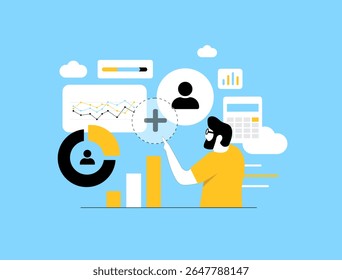 O gêmeo digital em marketing permite modelagem preditiva e simulação de comportamento do cliente. Marketing duplo digital suporta definição de perfil virtual e estratégias de automação de marketing ilustração vetorial