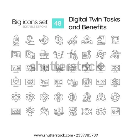 Digital twin tasks and benefits linear icons set. Smart manufacturing. Industry 4. Machine learning. Customizable thin line symbols. Isolated vector outline illustrations. Editable stroke