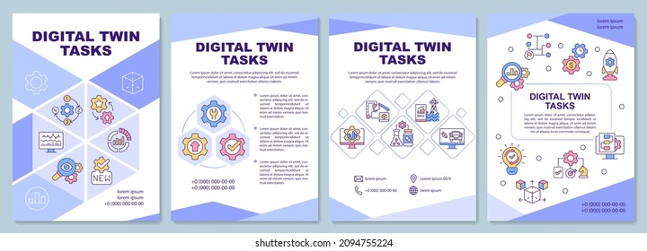 Digital twin tasks blue brochure template. Manufacturing. Booklet print design with linear icons. Vector layouts for presentation, annual reports, ads. Arial-Black, Myriad Pro-Regular fonts used