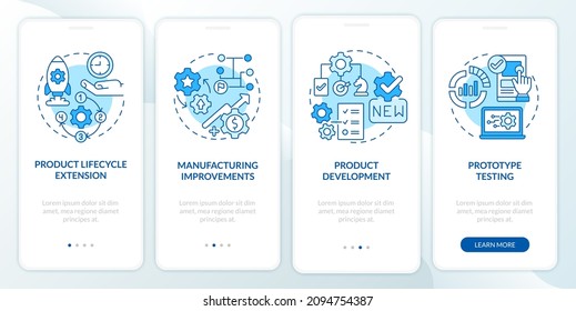 Digital twin tasks blue onboarding mobile app screen. Prototype testing walkthrough 4 steps graphic instructions pages with linear concepts. UI, UX, GUI template. Myriad Pro-Bold, Regular fonts used