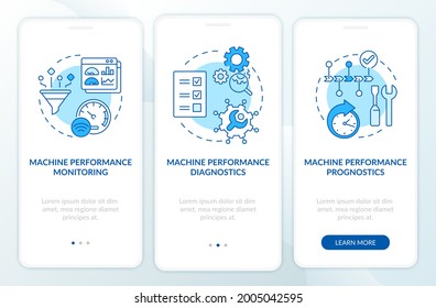Digital twin tasks onboarding mobile app page screen. Machine diagnostic monitoring walkthrough 3 steps graphic instructions with concepts. UI, UX, GUI vector template with linear color illustrations