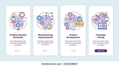 Digital twin tasks onboarding mobile app screen. Product development walkthrough 4 steps graphic instructions pages with linear concepts. UI, UX, GUI template. Myriad Pro-Bold, Regular fonts used