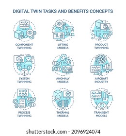 Digital twin tasks turquoise concept icons set. Aircraft industry idea thin line color illustrations. Isolated outline drawings. Editable stroke. Roboto-Medium, Myriad Pro-Bold fonts used