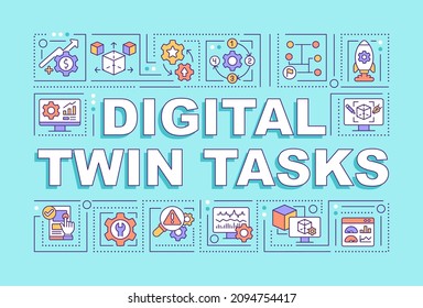 Digital twin tasks word concepts turquoise banner. Engineering. Infographics with linear icons on background. Isolated typography. Vector outline color illustration with text. Arial-Black font used