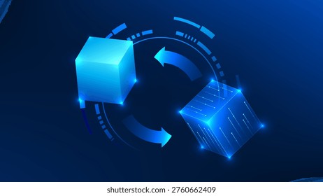 Digital twin technology background duplicated square boxes with one in a digital form, representing virtual simulation, real-time data modeling, system replication, and advanced digital transformation