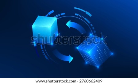 Digital twin technology background duplicated square boxes with one in a digital form, representing virtual simulation, real-time data modeling, system replication, and advanced digital transformation