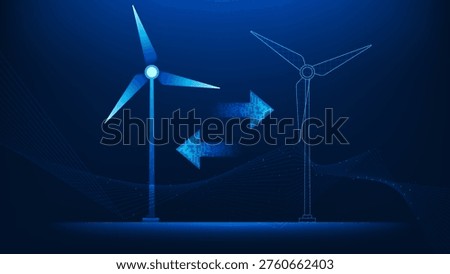 Digital twin technology background wind turbines with virtual simulation layers, representing renewable energy production, smart monitoring, data-driven optimization, and modern industrial innovation