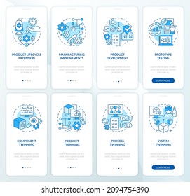 Digital twin technology blue onboarding mobile app screen set. Twinning walkthrough 4 steps graphic instructions pages with linear concepts. UI, UX, GUI template. Myriad Pro-Bold, Regular fonts used