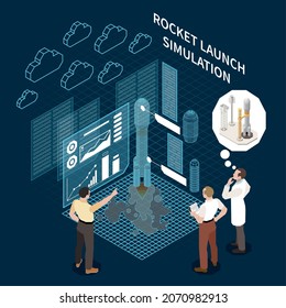 Digital twin technology composition with 3d rocket launch simulation process and three human characters on dark background vector illustration