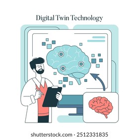 Digital Twin Technology concept. Scientist analyzes a simulated brain model on a computer, exploring advanced medical tech. Vector illustration.