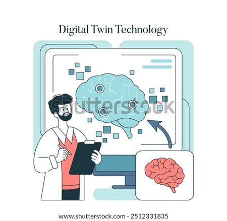Digital Twin Technology concept. Scientist analyzes a simulated brain model on a computer, exploring advanced medical tech. Vector illustration.