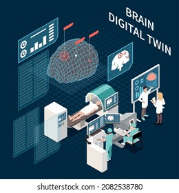 Digital twin technology isometric composition with human brain scanning process in laboratory 3d vector illustration