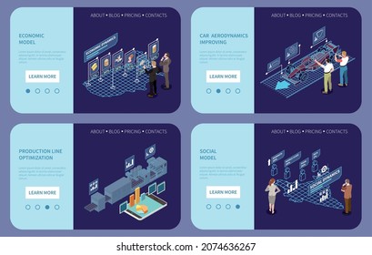 Digital twin technology isometric horizontal banners set with production optimization virtual models car improving 3d isolated vector illustration