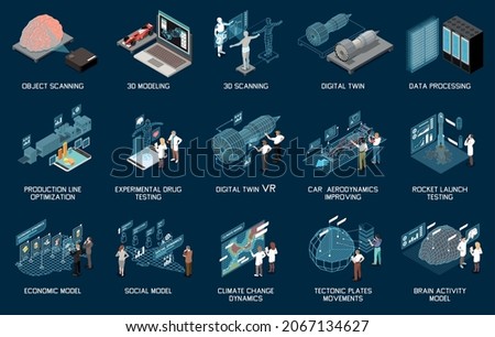 Digital twin technology isometric set with 3d modelling testing scanning isolated on dark background vector illustration