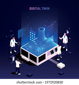 Digital twin technology in manufacturing industry facility maintenance optimization analytics on virtual screens isometric composition vector illustration