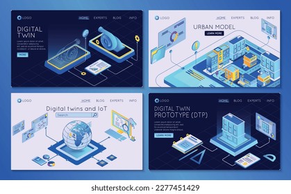 Digital twin technology prototype urban model internet of things isometric web banners set isolated vector illustration