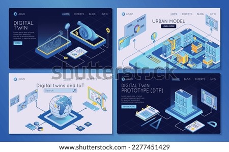Digital twin technology prototype urban model internet of things isometric web banners set isolated vector illustration Stock foto © 