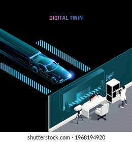 Prueba de simulación de coche de carreras de tecnología gemela digital maximiza el rendimiento analizando datos de configuración de estrategia aerodinámica ilustración vectorial isométrica