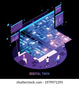 Digital twin technology smart city infrastructure simulation analysis glowing dark circular isometric composition black background vector illustration