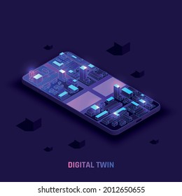 Digital twin technology smart city infrastructure isometric 3d simulation on smartphone screen glowing dark purple background vector illustration 