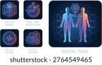 Digital Twin Technology Virtual Model Real Time Simulation Smart System AI Human Data Analysis Future Innovation Tech Illustration Design
