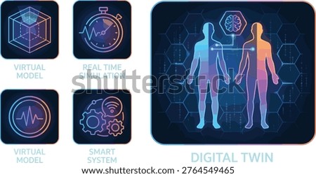 Digital Twin Technology Virtual Model Real Time Simulation Smart System AI Human Data Analysis Future Innovation Tech Illustration Design