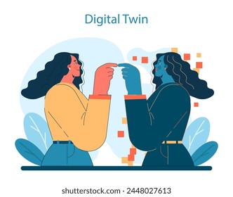 Digital Twin technology in Virtual Tourism. Two individuals interact with their virtual counterparts, merging reality with digital innovation. Vector illustration.