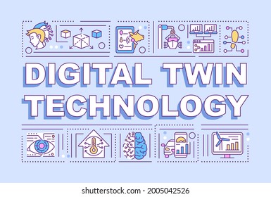 Digital twin technology word concepts banner. Smart computers. Infographics with linear icons on purple background. Isolated creative typography. Vector outline color illustration with text