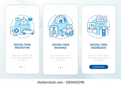 Digital twin types onboarding mobile app page screen. Automation systems walkthrough 3 steps graphic instructions with concepts. UI, UX, GUI vector template with linear color illustrations