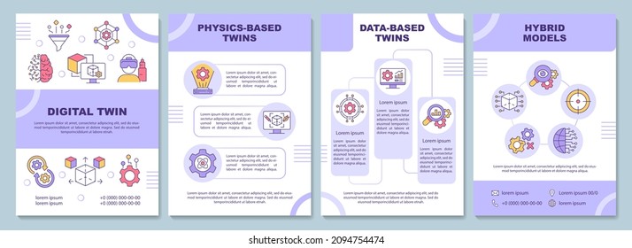 Digital twin types purple brochure template. Augmented reality. Booklet print design with linear icons. Vector layouts for presentation, annual reports, ads. Arial-Black, Myriad Pro-Regular fonts used