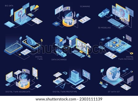 Digital twin types technology isometric set with process of scanning and data exchange isolated 3d vector illustration