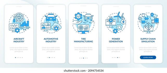 Digital twin usage blue onboarding mobile app screen. Power generation walkthrough 5 steps graphic instructions pages with linear concepts. UI, UX, GUI template. Myriad Pro-Bold, Regular fonts used