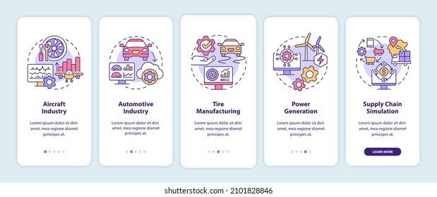 Digital twin usage onboarding mobile app screen. Automotive industry walkthrough 5 steps graphic instructions pages with linear concepts. UI, UX, GUI template. Myriad Pro-Bold, Regular fonts used